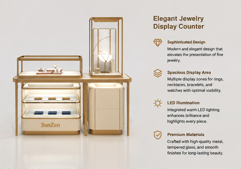 Close-up illuminated two-tier pull-out storage drawers, countertop vertical tower glass vitrine, watch & ring display trays on slim gold frame table inside combined jewelry display set