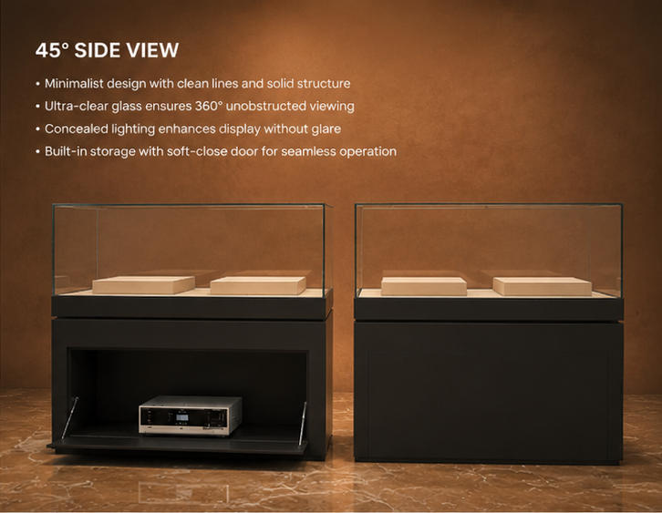 Close-up full perimeter low iron UV glass hood, padded beige relic risers, full pull-out front equipment drawer with support brackets inside pull-out gear vitrine split base freestanding unit