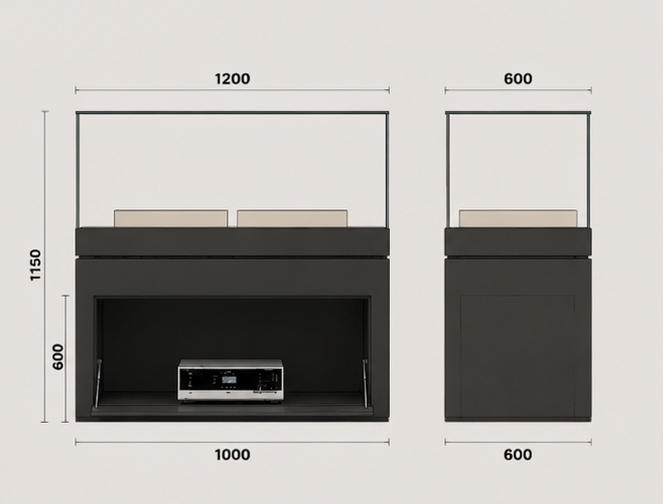 CAD layout pull-out gear vitrine modular twin artifact booth front access heritage case split base freestanding unit equipment drawer exhibit cabinet dimension drawing