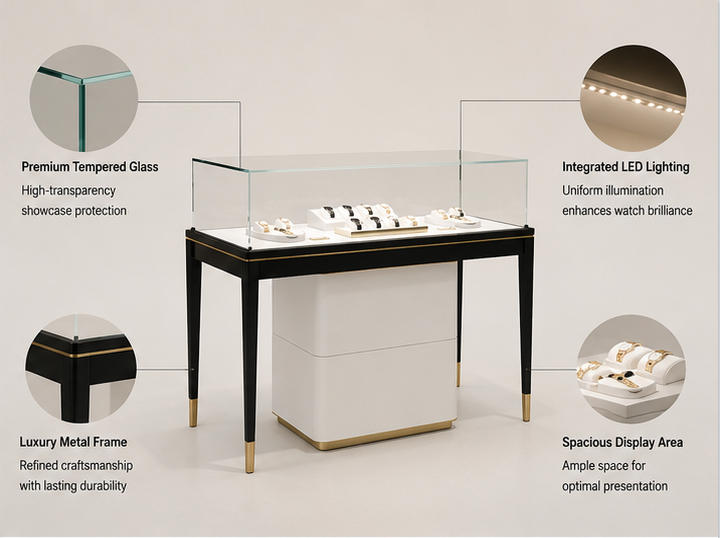 Feature diagram carbon frame single tier pull-out watch tray vitrine unit
