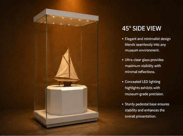 Close-up internal raised white display pedestal, row of ceiling recessed spotlights, full UV transparent glass inside single sailboat vitrine white tall cube booth