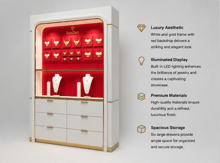45 Degree Full Render of Curved Gold Frame Red Lining Wall Unit