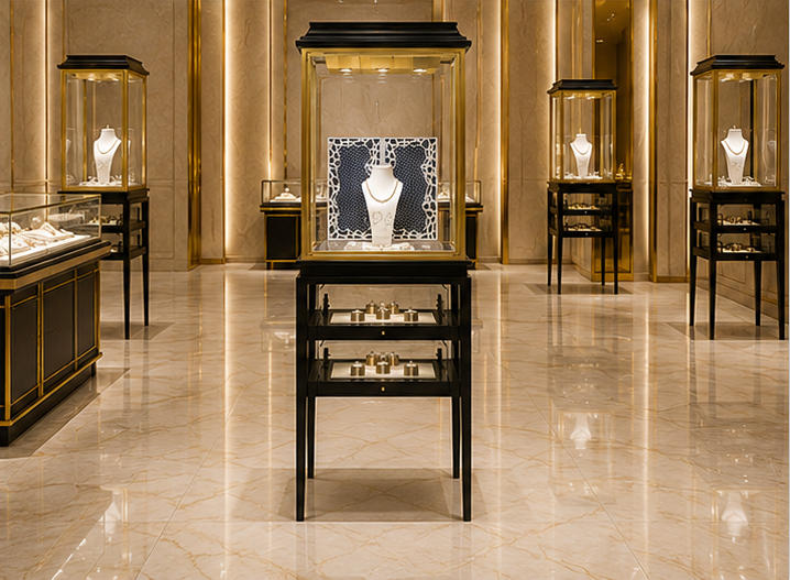 Real Installation Shot Of Black Wood Gold Frame Double Layer Jewelry Tall Display Stand In Retro Light Luxury Fine Jewelry Boutique Entrance Window Focal Zone