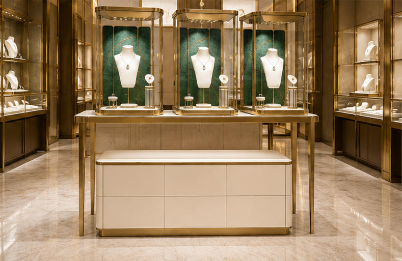 Real Installation Shot Of Gold Frame Green Backdrop Jewelry Three-unit Display Console In Retro Elegant Luxury Fine Jewelry Boutique Entrance Long Window Core Display Wall Zone