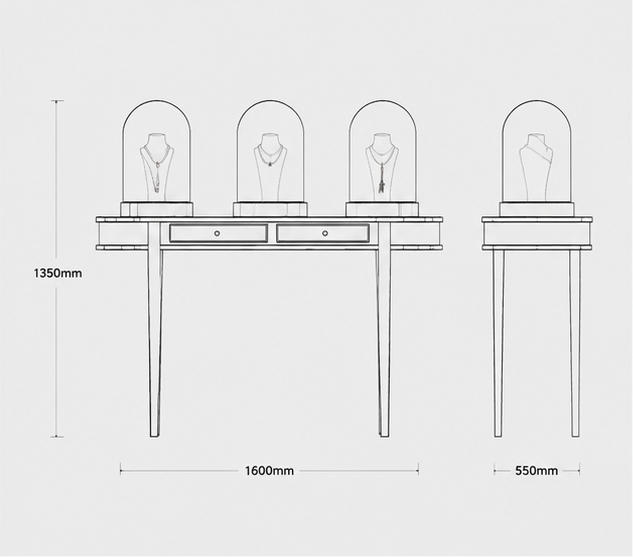 CAD dimension drawing of rose gold two-drawer jewelry table with three bell glass necklet dome stands