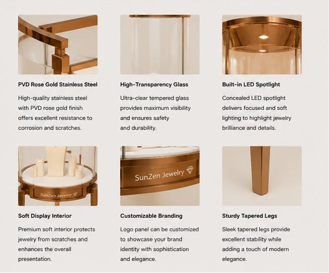 Material craft close-up of mirror rose gold stainless steel frame, seamless cylindrical tempered glass, solid white display base