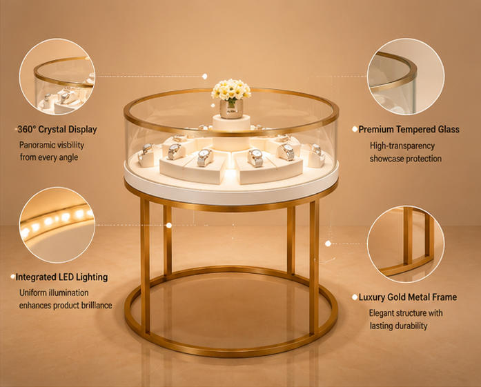 Structure of ring leg round gold stand circular glass sealed rotary watch tray vitrine