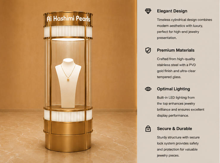 45° render cylindrical pearl tower brass round vitrine branded top plinth 360 glass cylinder rotatable floor kiosk functional labels