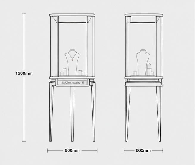 CAD layout drawing of round glass jewelry tower rose gold pedestal stand cylindrical display vitrine dimension marking