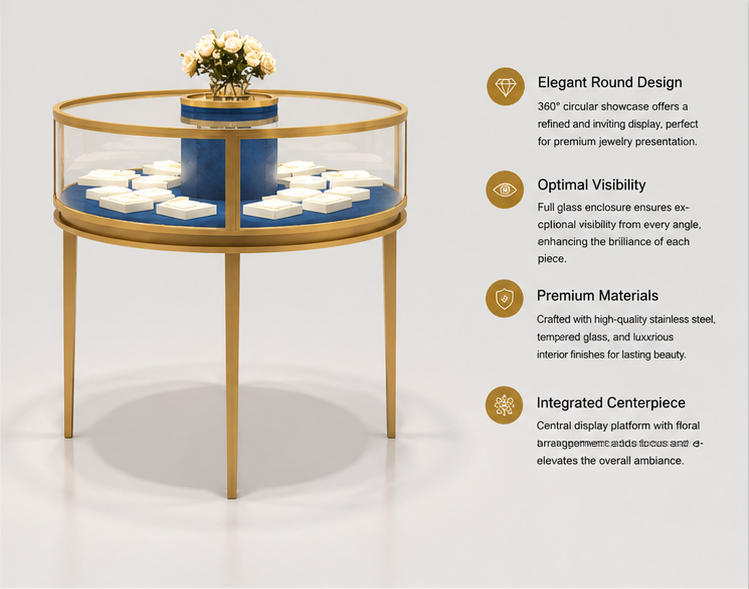 45 Degree Full Render of Circular Curved Gold Glass Blue Liner Three Slim Gold Leg Central Decor Pillar Jewelry Showcase Table