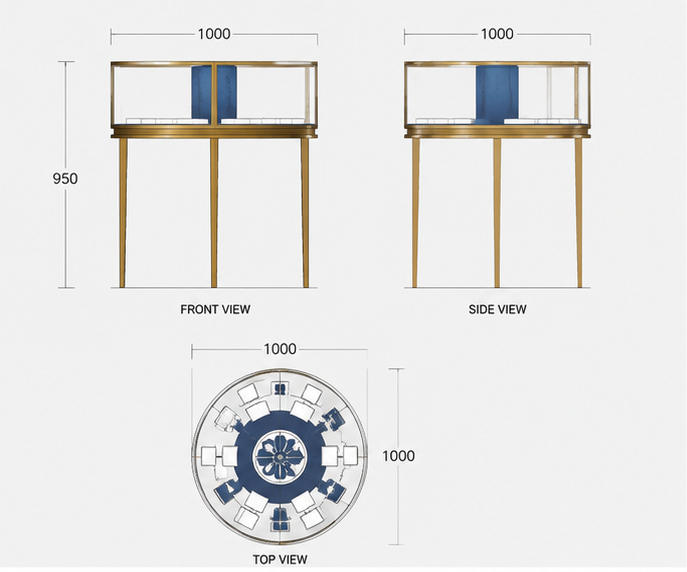 Jewelry Round Gold Frame Central Display Table CAD Structural Drawing