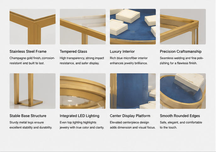 Material & Craft Close-up of Circular Curved Gold Glass Blue Liner Three Slim Gold Leg Central Decor Pillar Jewelry Display Table