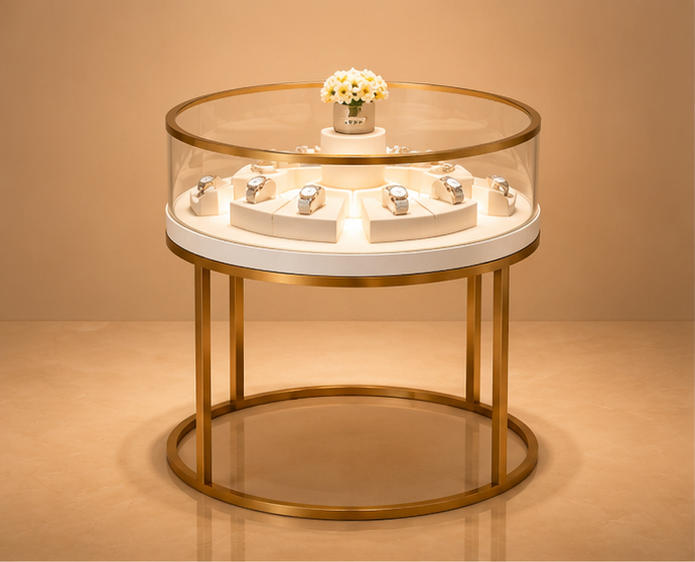 Round gold ring leg watch table circular glass vitrine rotary timepiece tray compact fixture