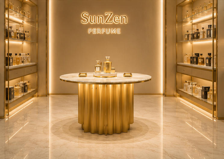 Front real shot round marble perfume island inside luxury perfume boutique