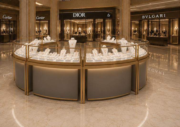 On-site Mall Central Passage Installation Shot Of Round Modular Gold Frame Jewelry Kiosk