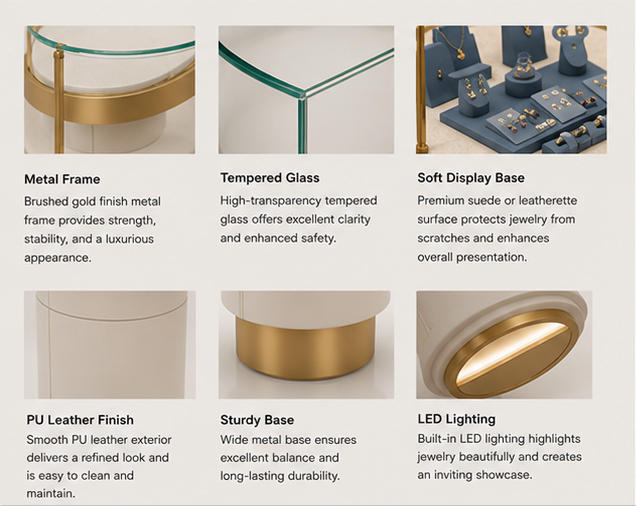 Material & Craft Close-up of Tiered Cylindrical Base Gold Rim Circular Glass Jewelry Round Pedestal Display Stand