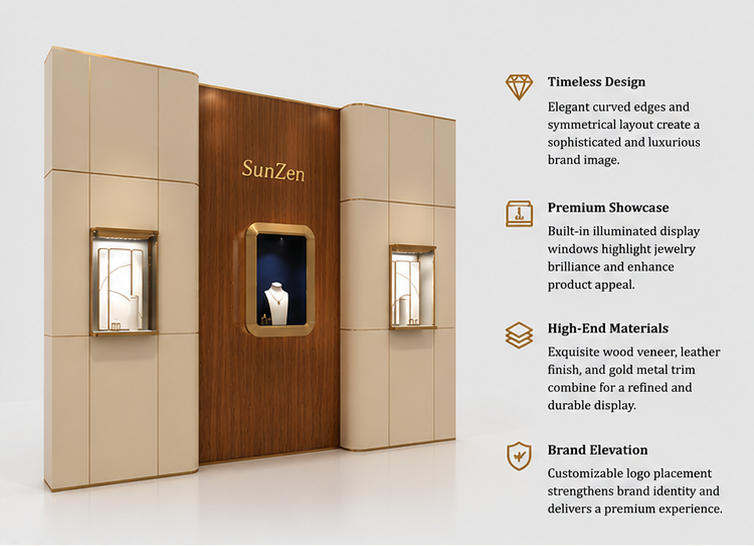 Close-up central rounded gold-frame recess vitrine, metal brand letter logo, symmetrical flanking small wall niches inside triple niche brand wall wood cream panel wall