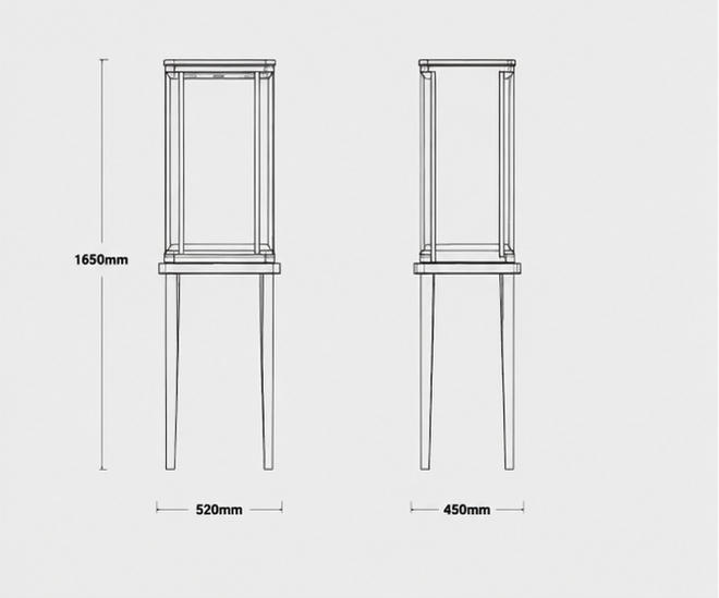 CAD drawing rounded top vitrine two post pedestal 3-side glass booth slender floor plinth single tower display dimension layout