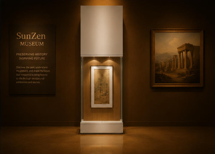 On-site render vertical scroll vitrine wall hanging painting unit scroll heritage display cabinet installed in traditional Chinese painting art museum exhibition hall