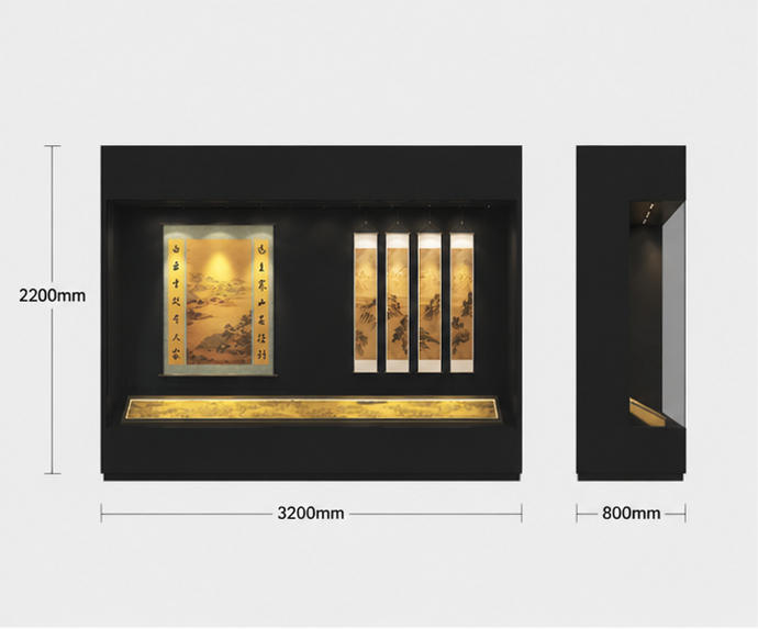 CAD layout scroll painting display vitrine wall recess artwork cabinet hanging calligraphy booth horizontal manuscript exhibit UV archival art case dimension drawing