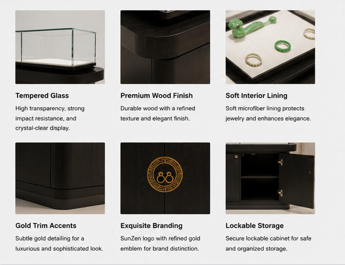 Material & Craft Close-up of Single Integrated Glass Double-Ring Brass Knob Dark Wood Jade Jewelry Display Counter