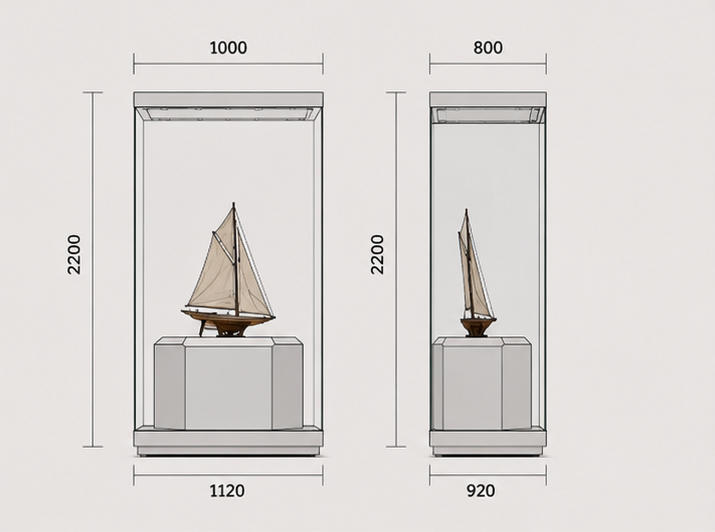 CAD layout single sailboat vitrine white tall cube booth raised inner pedestal case ceiling spot marine unit yacht model heritage cabinet dimension drawing
