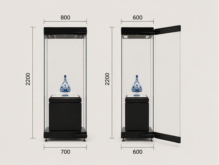 CAD layout single vase vitrine swing glass booth dark cube pedestal case top spotlight tall unit ceramic relic display cabinet dimension drawing