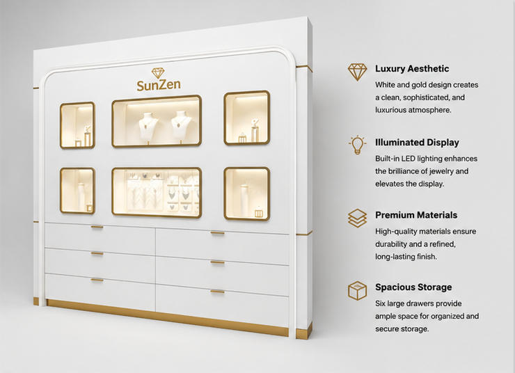 45 Degree Full Render of Curved Gold Trim Six Niche Wall Unit