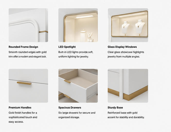 Material & Craft Close-up of Curved Gold Trim Six Niche Wall Cabinet