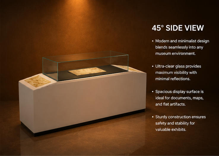 Close-up slanted side info plaque, matte dark anti-reflection inner base, low iron top open glass cover inside flat map vitrine tilt side booth