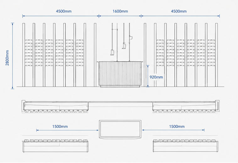 CAD drawing linear vertical slat wall eyewear rack full shop wall display dark wood central optician counter partition optical panel layout