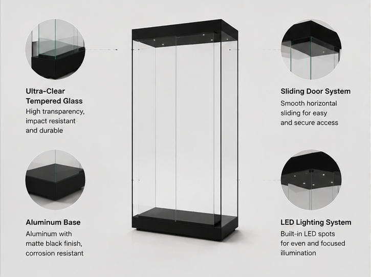 Sliding Glass Rail & Matte Frame Material Close-up of Wall Museum Display Cabinet