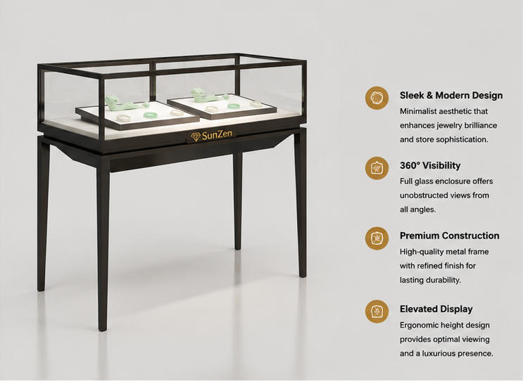 45 Degree Full Render of All-Black Thin Frame Tall Slim Metal Leg Dual Split Glass Minimalist Jade Jewelry Showcase