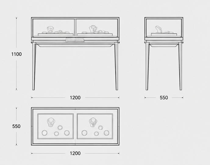 Jewelry Slim Black Metal Dual Compartment Jade Display Table CAD Drawing
