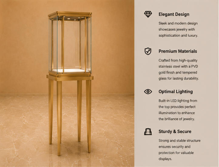 45° render rounded top vitrine two post pedestal 3-side glass booth slender floor plinth single tower display functional labels