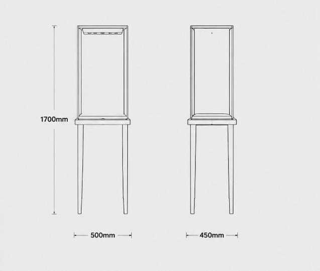 CAD drawing tall slim vitrine two-leg jewel plinth narrow floor pedestal top light tower minimalist glass stand dimension layout