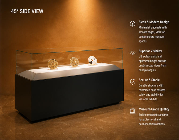 Close-up surrounding UV transparent glass, sloped white angled archival platform, hidden perimeter LED inside sloped white coin vitrine wide base relic display table