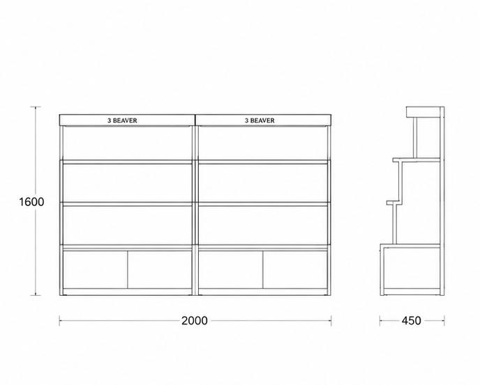 CAD drawing split modular dual cosmetic counter four-tier shelf matte black closed storage base