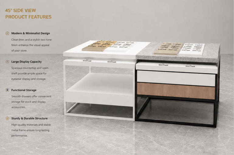45° oblique view split modular stone top optician stand wood panel display cabinet feature labels