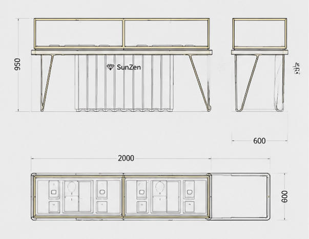 Jewelry Split Leg Wave Panel Long Display Counter CAD Drawing