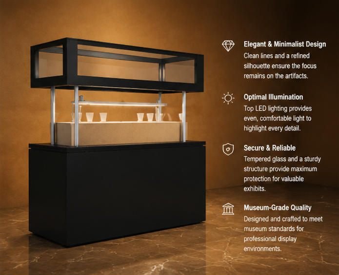 Close-up overhead UV glass hood, stainless steel support pedestal, internal layered display shelf inside two tier glass vitrine raised top relic counter