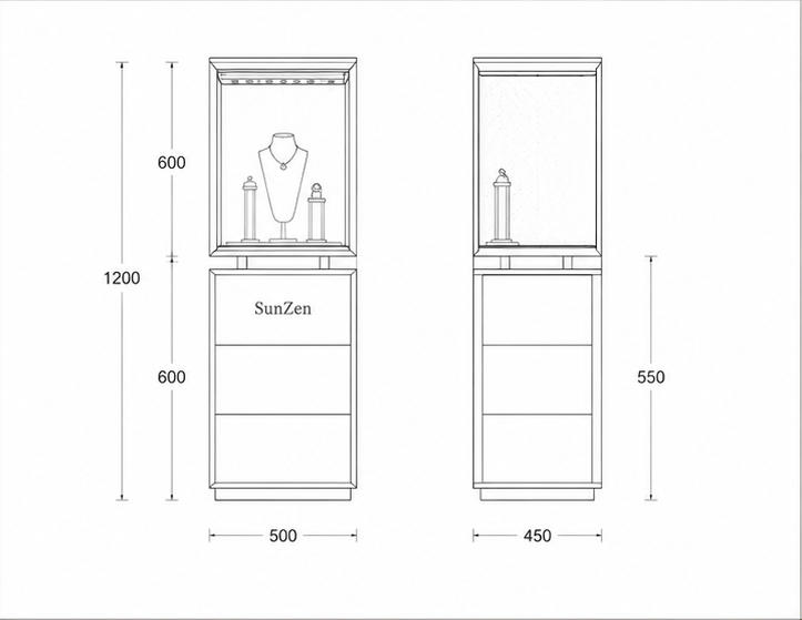 CAD layout split tier gem pedestal cream drawer base unit gold frame top vitrine perforated ceiling light dual post display booth dimension drawing