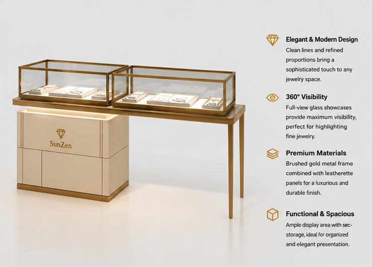45 Degree Full Render of Cream Gold Frame Dual Glass Split Jewelry Counter