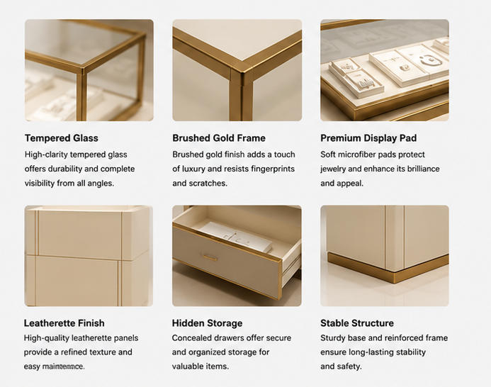 Material & Craft Close-up of Cream Gold Frame Dual Glass Split Top Jewelry Counter
