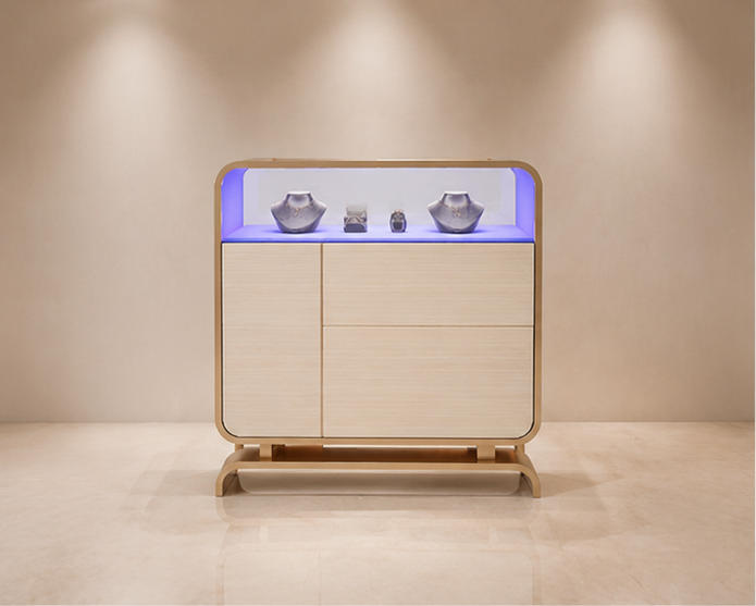 Compact square wood jewelry cabinet arched curved leg base dual side light glass pendant tray split storage doors