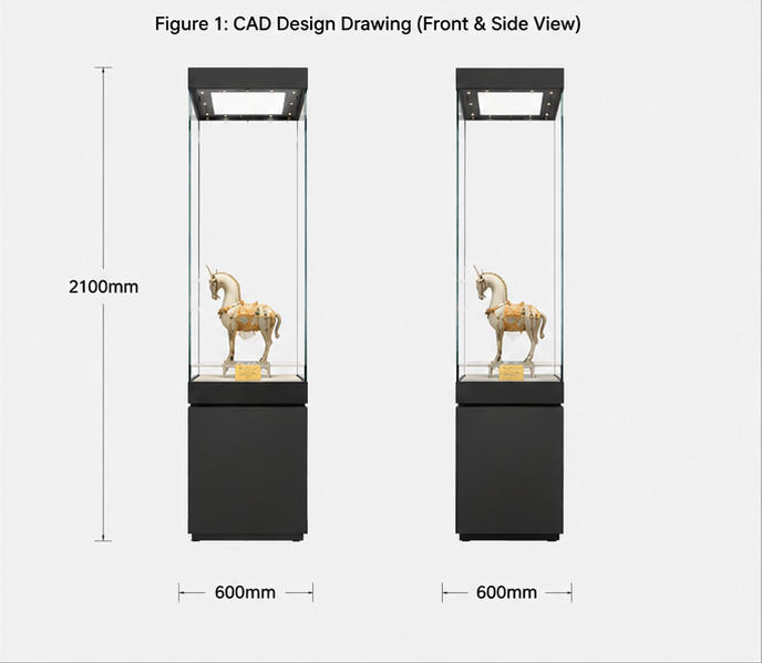 CAD layout drawing of square base terracotta vitrine clay figurine display cabinet block base heritage tower dimension marking