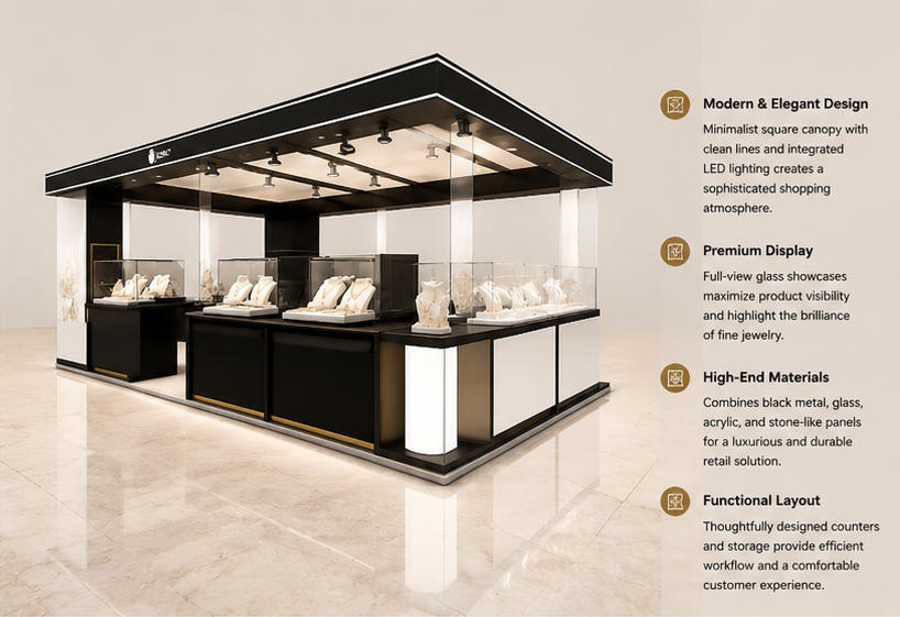 Square Black Jewelry Kiosk LED Light Full Glass Mall Jewelry Booth Render