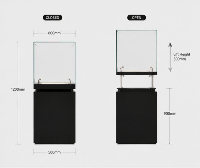 CAD layout square plinth LED vitrine single relic pedestal booth cube glass exhibit tower backlit miniature artifact case compact freestanding heritage unit dimension drawing
