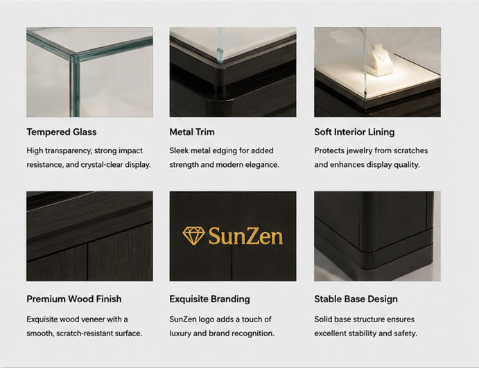 Material & Craft Close-up of Dark Wood Square Cube Glass Vertical Bust Stand Tall Jade Jewelry Display Pedestal Tower