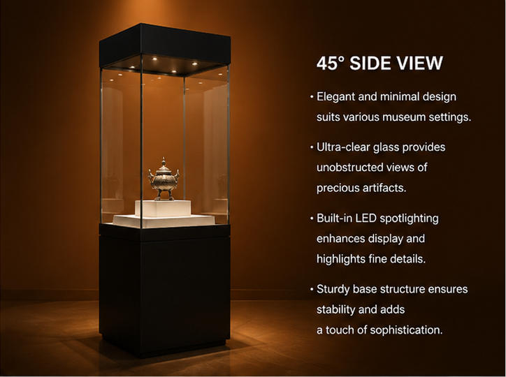 Close-up two-tier raised white stepped plinth, full vertical four-sided UV glass, concealed recessed ceiling spotlights inside tall black cube vitrine raised inner plinth booth